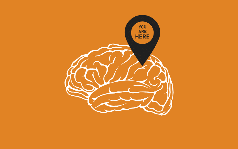 image d'un cerveau avec un signe vous êtes ici pour illustrer le concept de positionnement en marketing