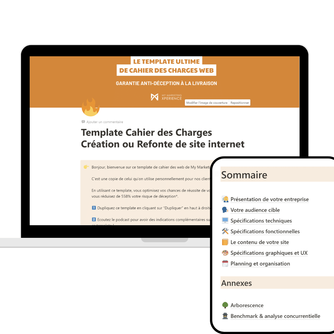 visuels extraits du modèle de cahier des charges web montrant le sommaire et la structure.
