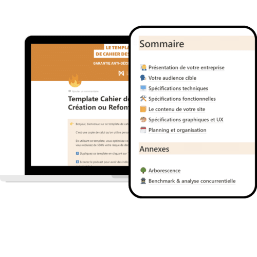 visuels extraits du modèle de cahier des charges web montrant le sommaire et la structure.