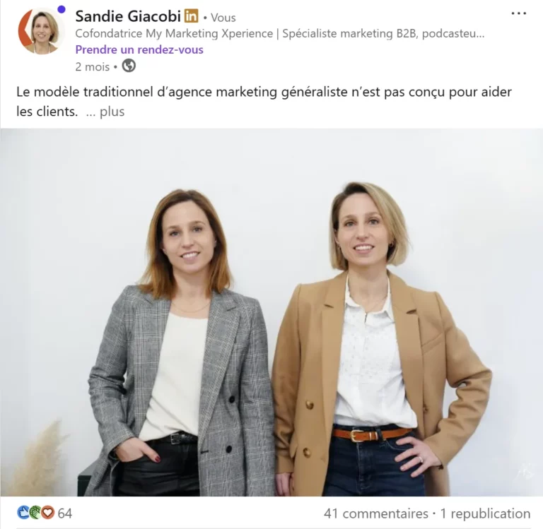 post LinkedIn de Sandie Giacobi sur le modèle d'agence marketing